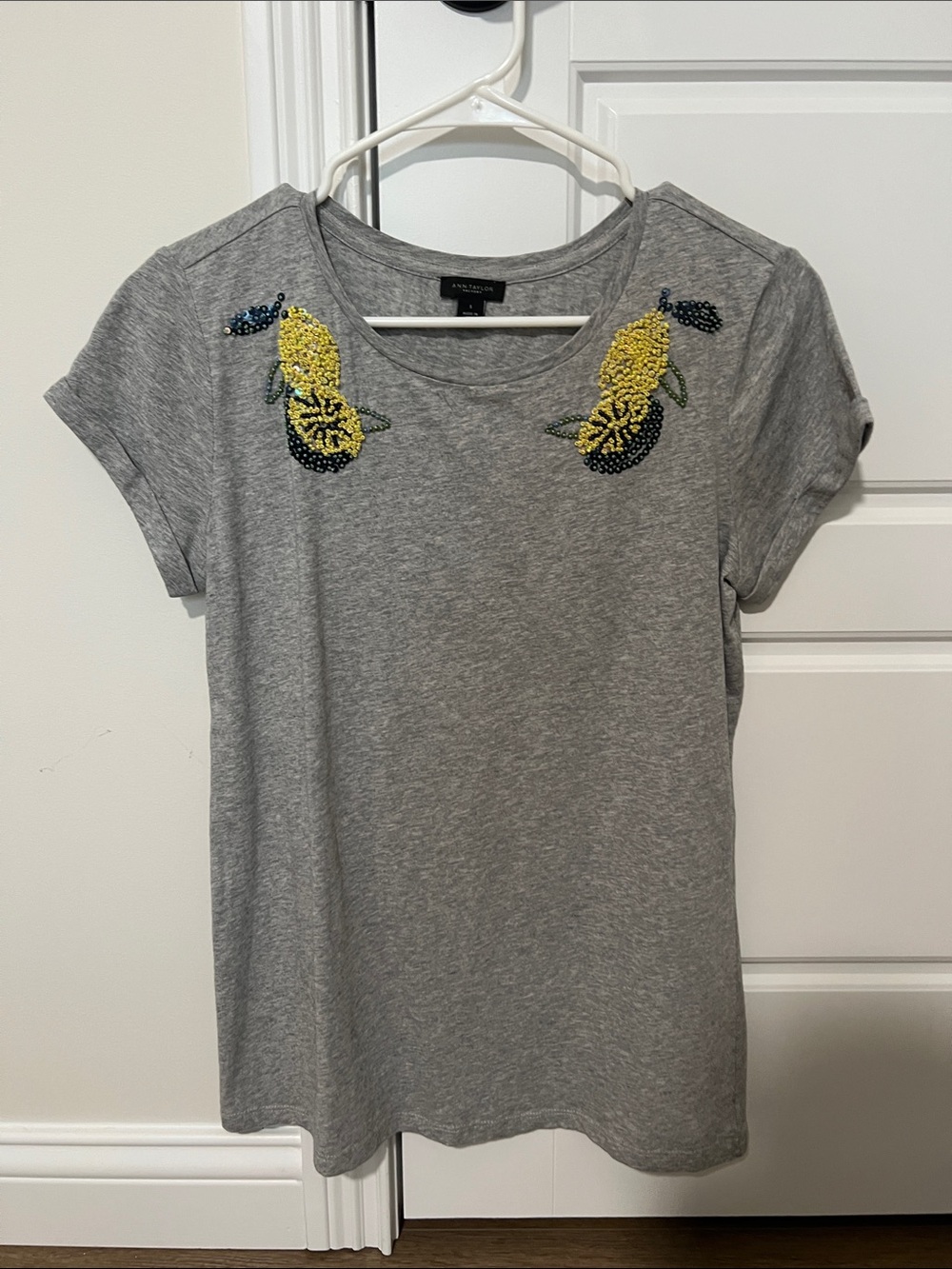 Ann Taylor Gray Short Sleeve Tee with Yellow Beaded Lemon Motif